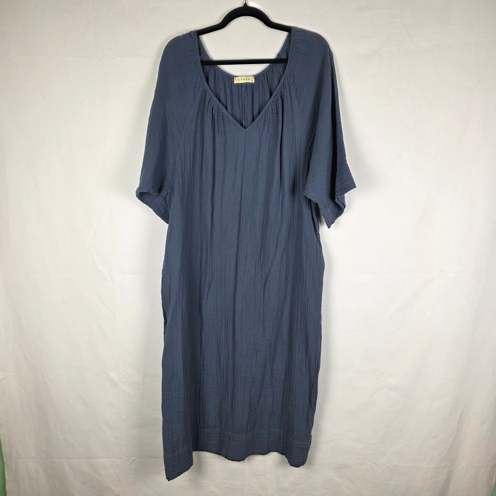 Stark X Blue Double Gauze Cotton V-Neck‎ Midi Dress Pockets Style 2135X Small